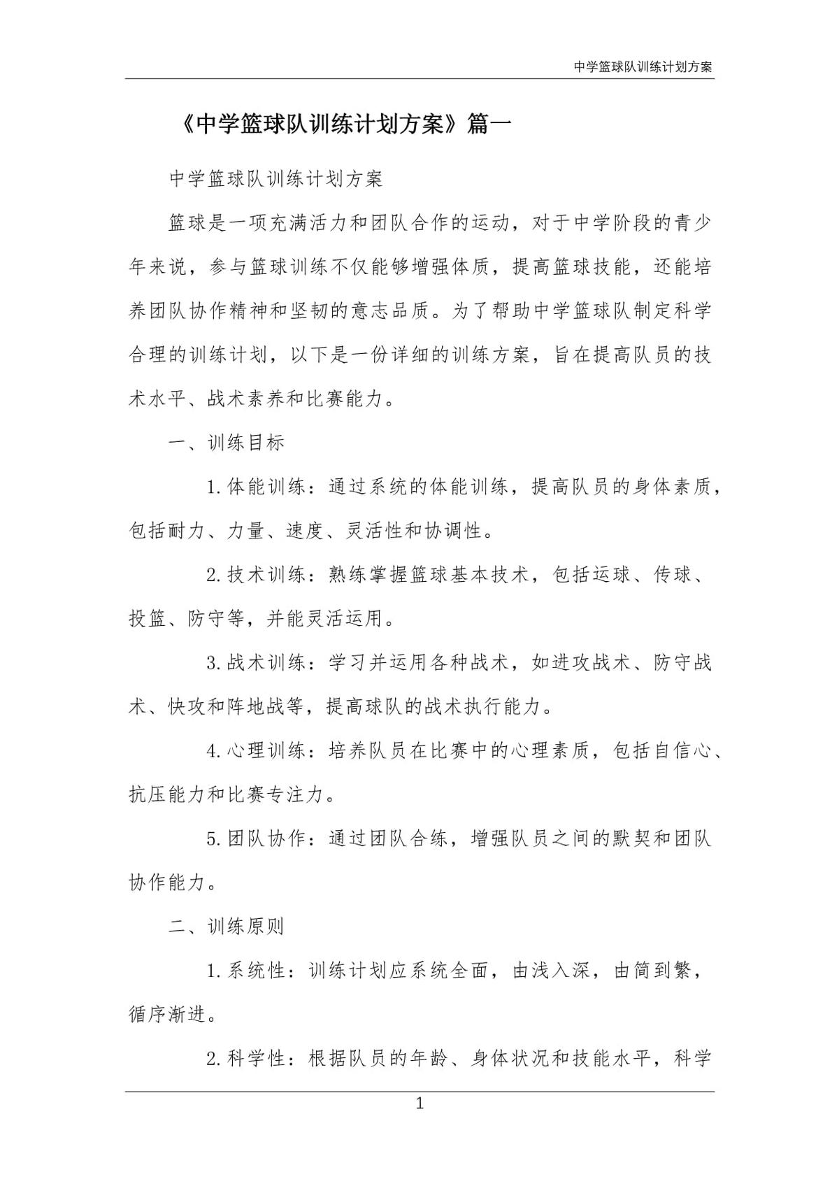 篮球队训练计划及方案设计怎么写